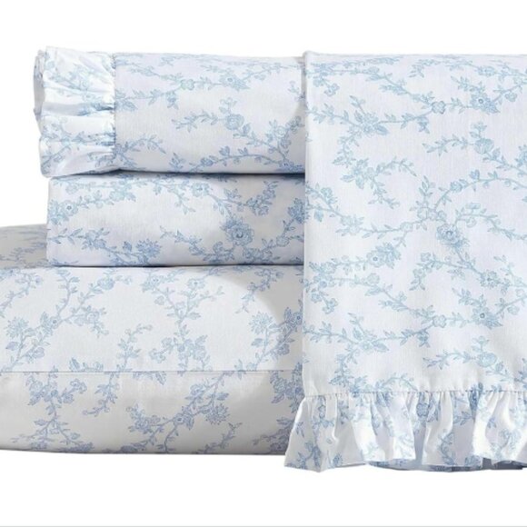 Laura Ashley Other - LAURA ASHLEY Queen Sheet Set White Victoria Blue Floral Percale Cotton Ruffled